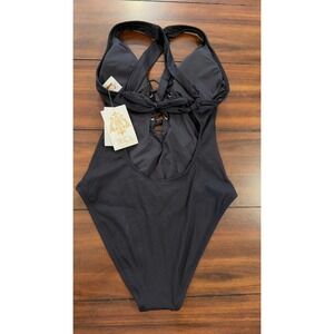 BECCA by Rebecca Virtue Black Ribbed Lace Up One Piece Swimsuit 541057M Medium